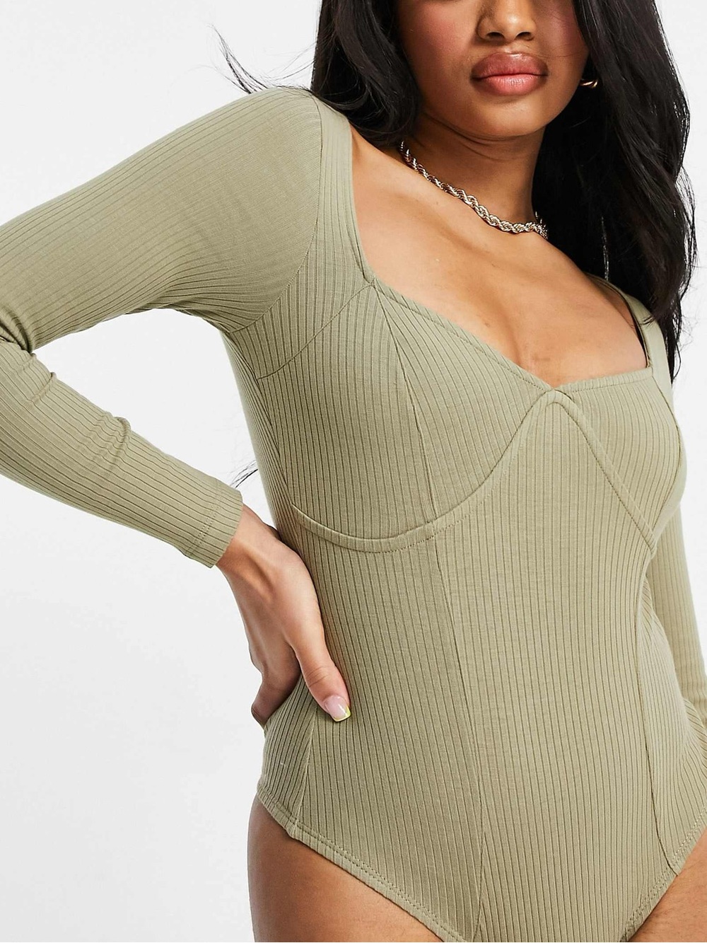 ASOS Ribbed Long-Sleeve Scoop Bodysuit in Sage